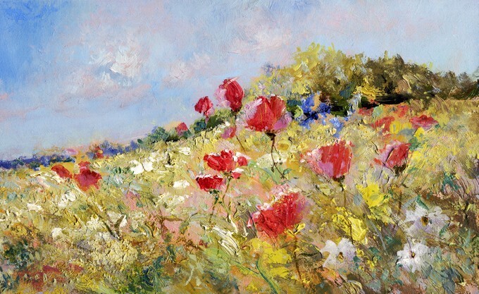 Red poppies painted on a summer meadow